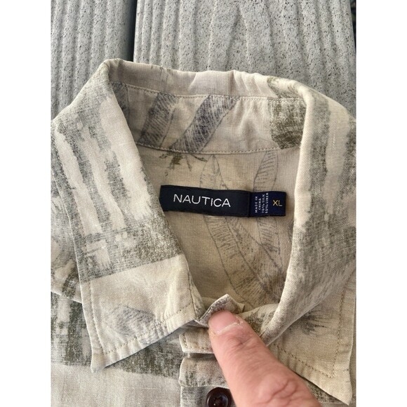 Nautica XL Silk Linen Beige Hawaiian Palm Tree Button Shirt Short Sleeve Safari - Picture 3 of 11